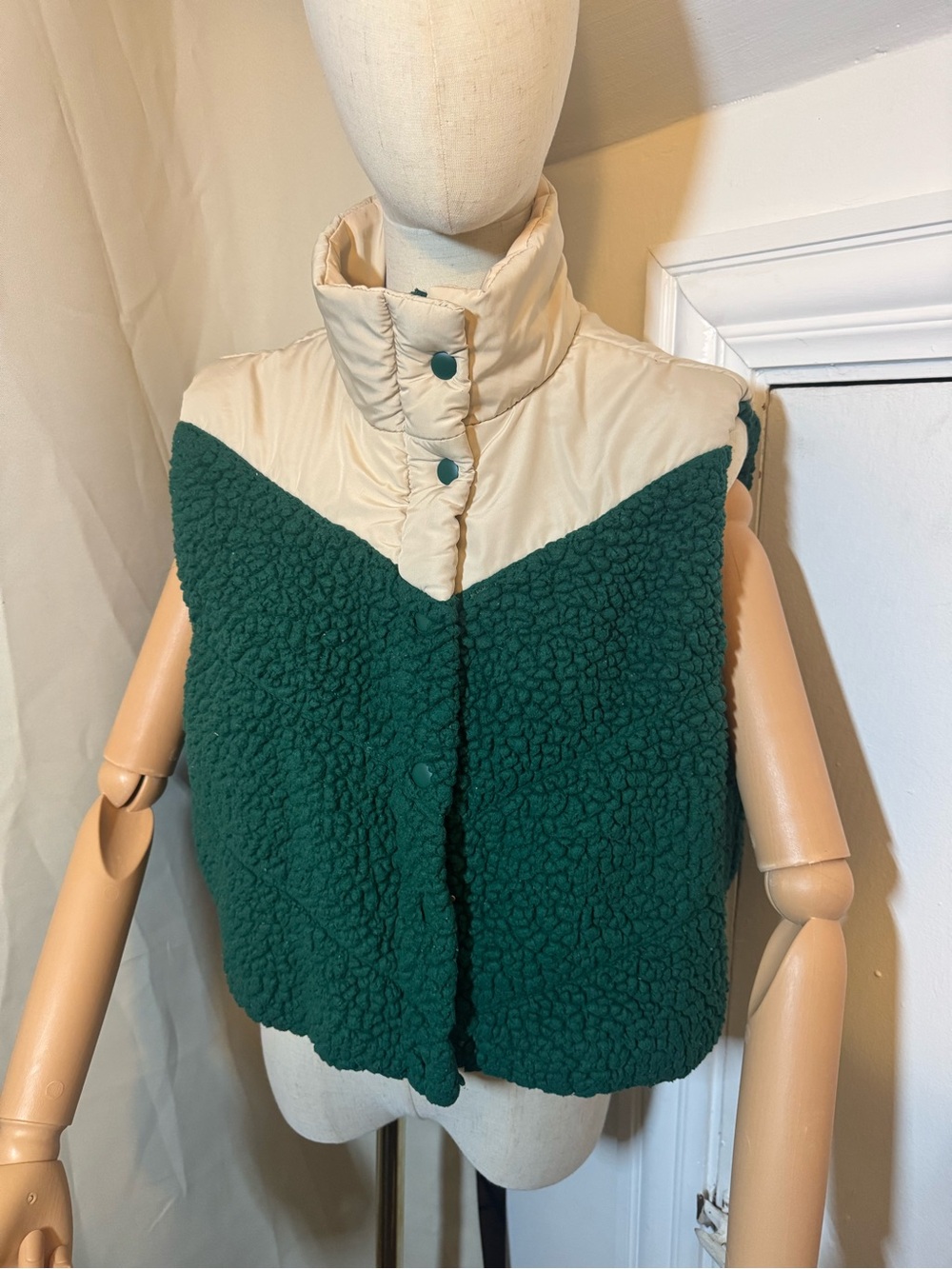 Forever 21 Green Sherpa Vest with Cream Yoke